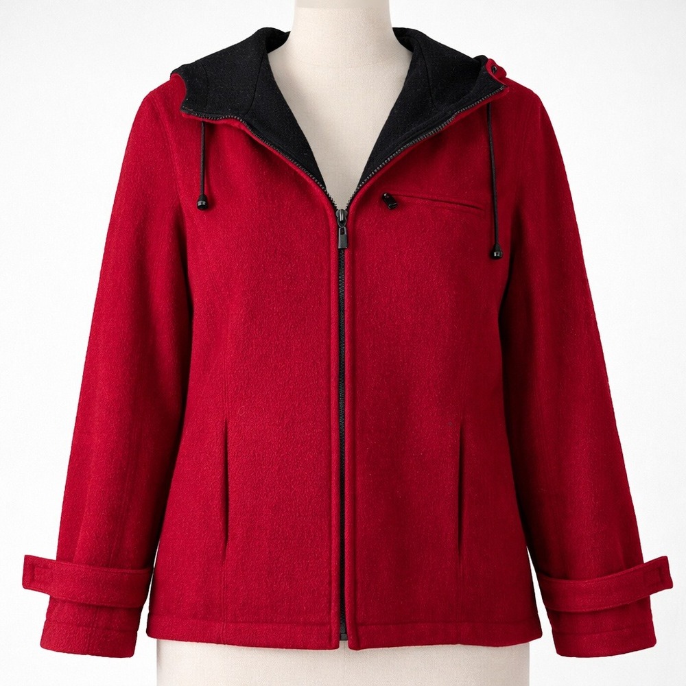 Vintage Braetan Womens Full Zip 100% Wool Jacket Red Size M Preppy Russia Hooded
